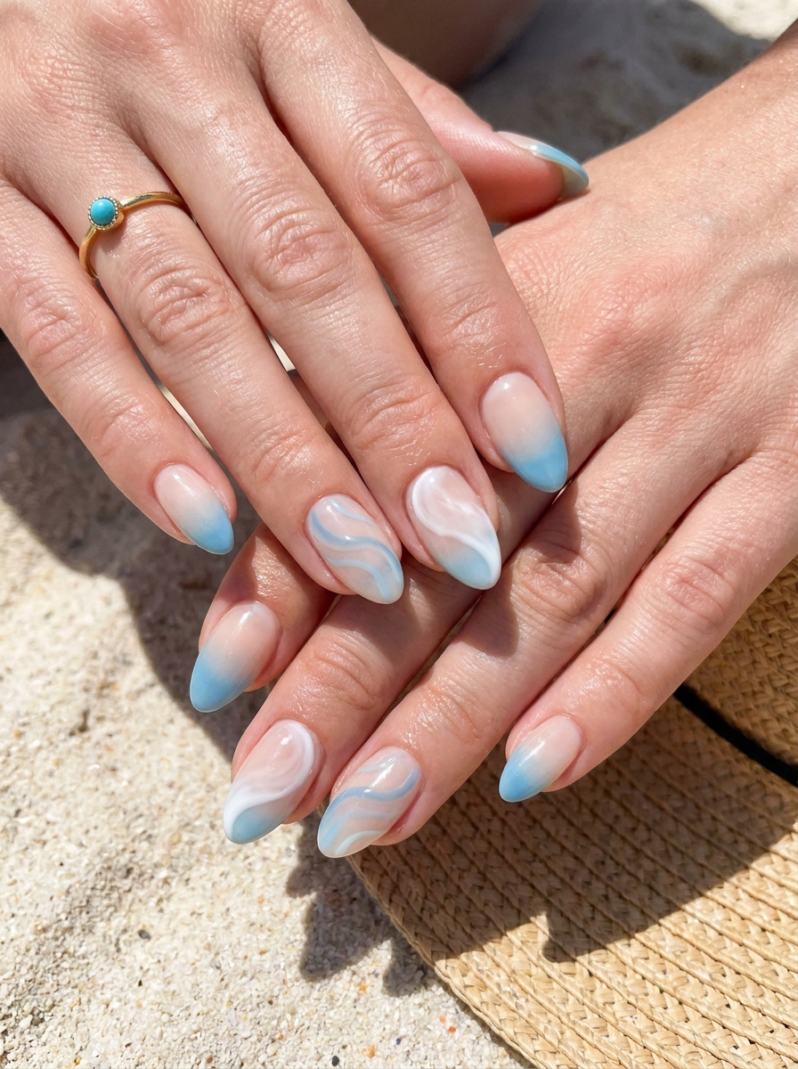Ocean Blue Vacation Nails mit weichen blauen Wasserfarben